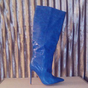 Blue Faux Croc Knee-High Stiletto Heel Boots